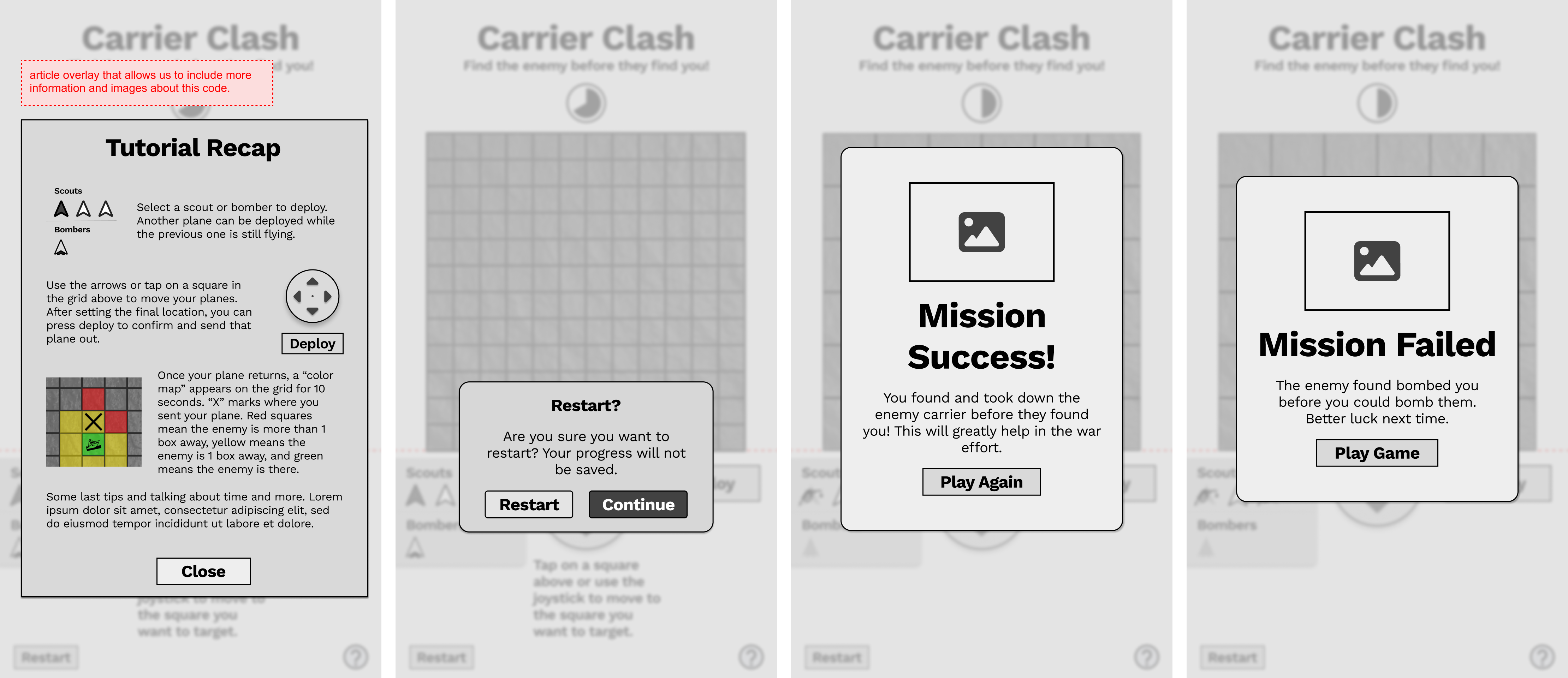 Carrier Clash results screens and overlays — all 4 screens laid out left to right