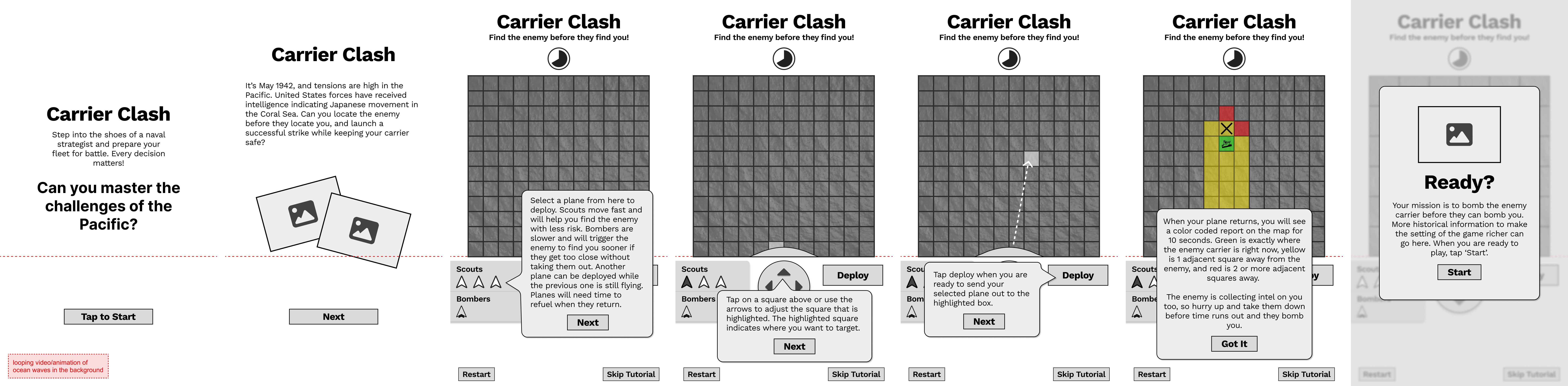 Carrier Clash tutorial loop — all 7 screens laid out left to right