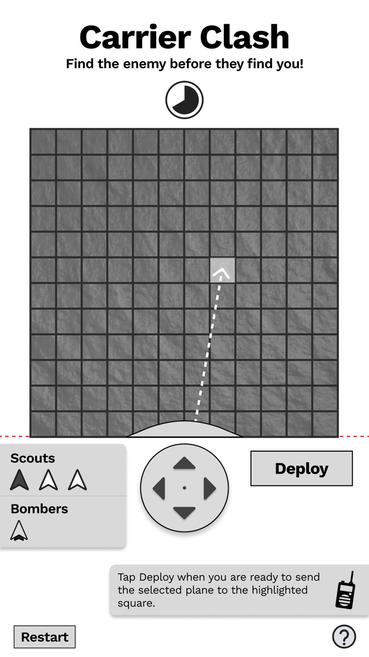 Carrier Clash v3.3 — same grid with a dashed targeting line and tooltip
