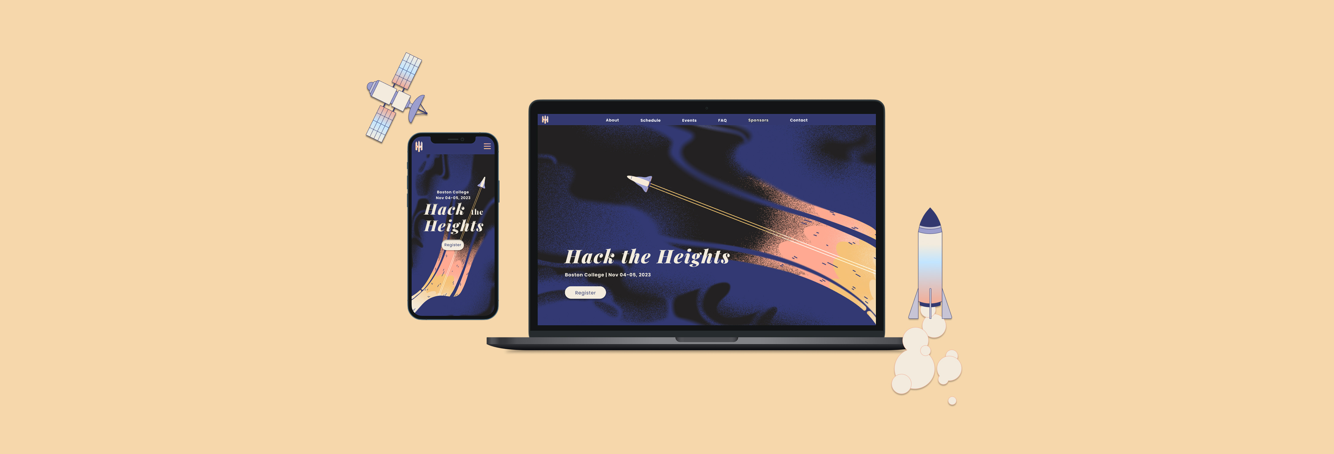 Hack the Heights hero illustration — a rocket launching through stylized clouds