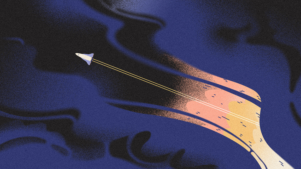 Redesigned hero illustration of a rocket launching through clouds