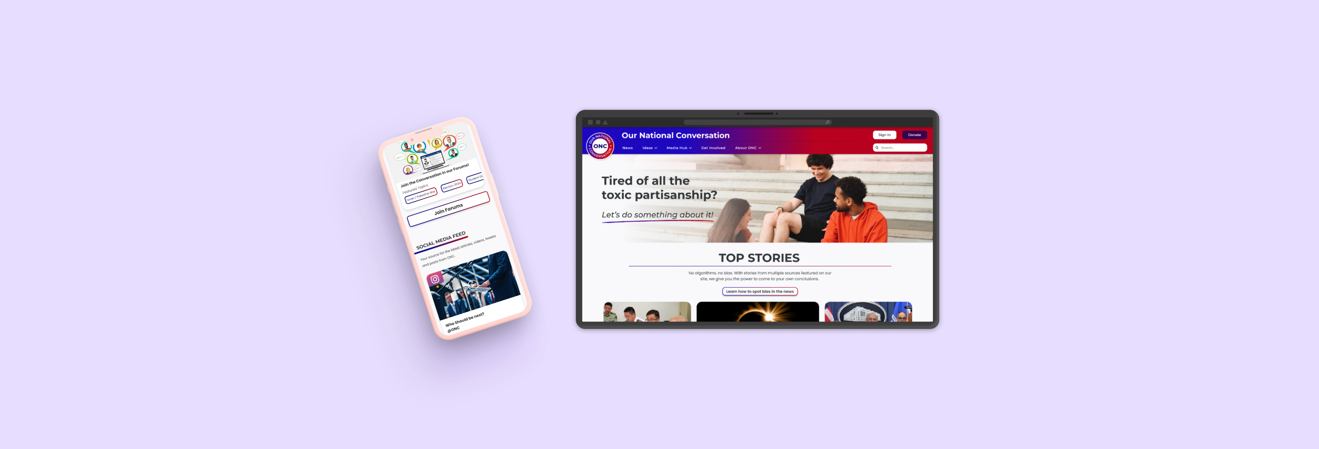 The redesigned Our National Conversation homepage shown on a laptop and phone