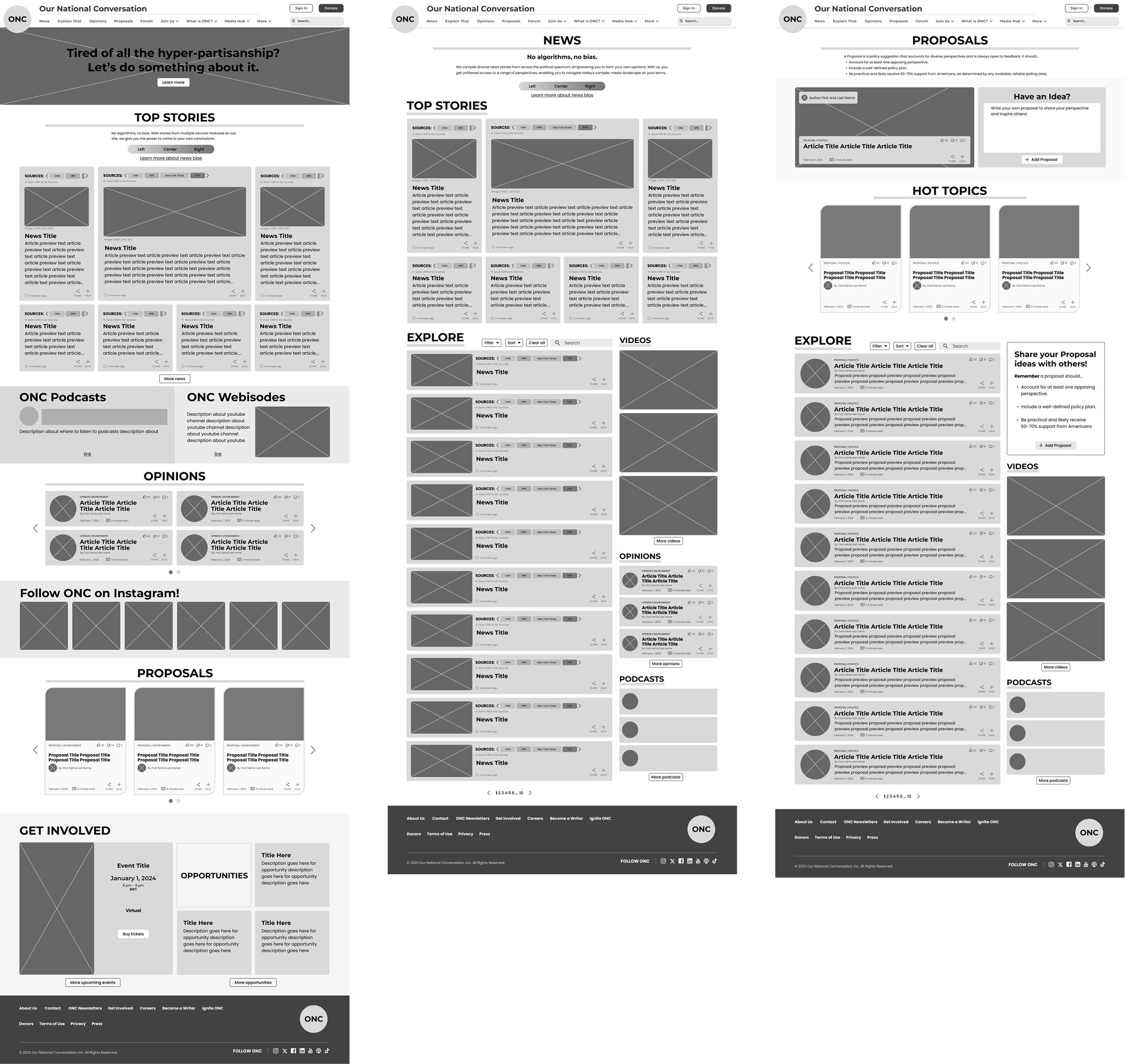 Mid-fidelity wireframes for the homepage template