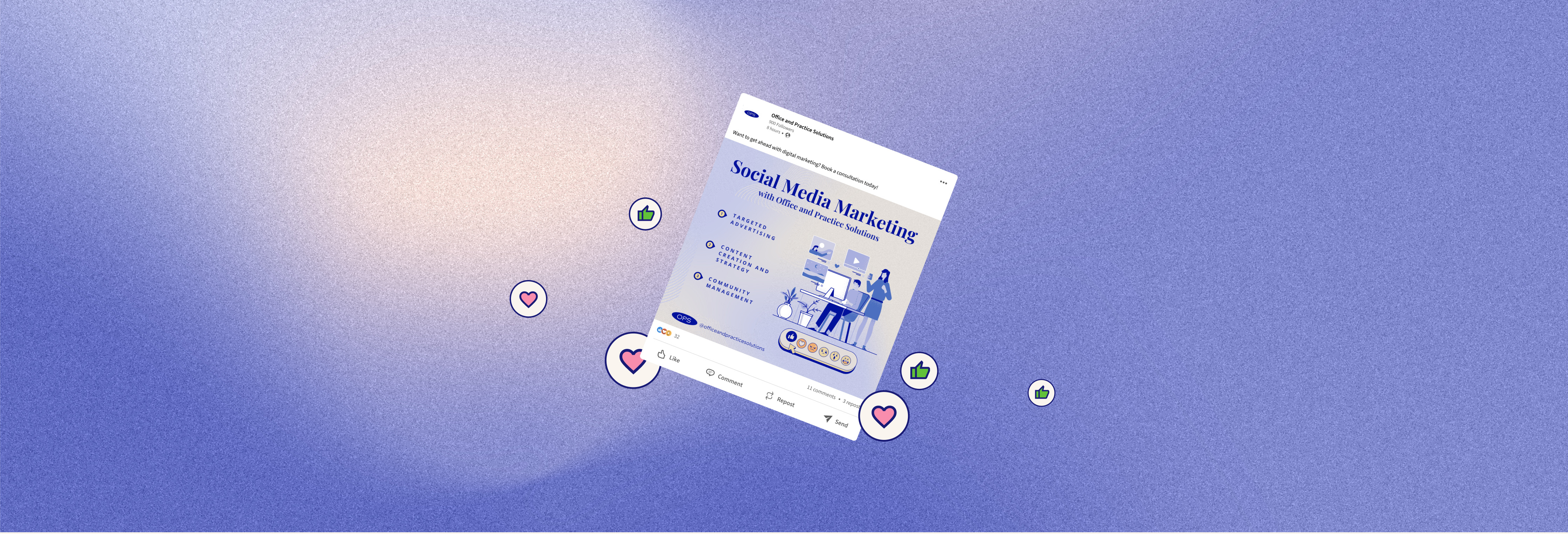 A spread of OPS social media post designs on a mesh-gradient background