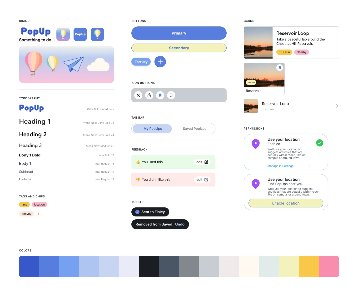 PopUp mini design system: brand, typography, buttons, cards, tags, feedback, toasts, permissions, and colors