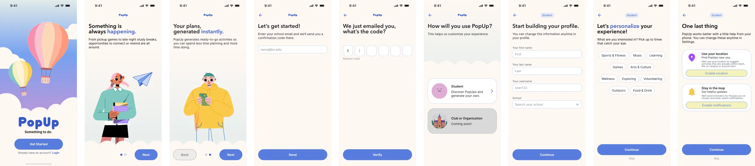 Onboarding sequence, 9 screens
