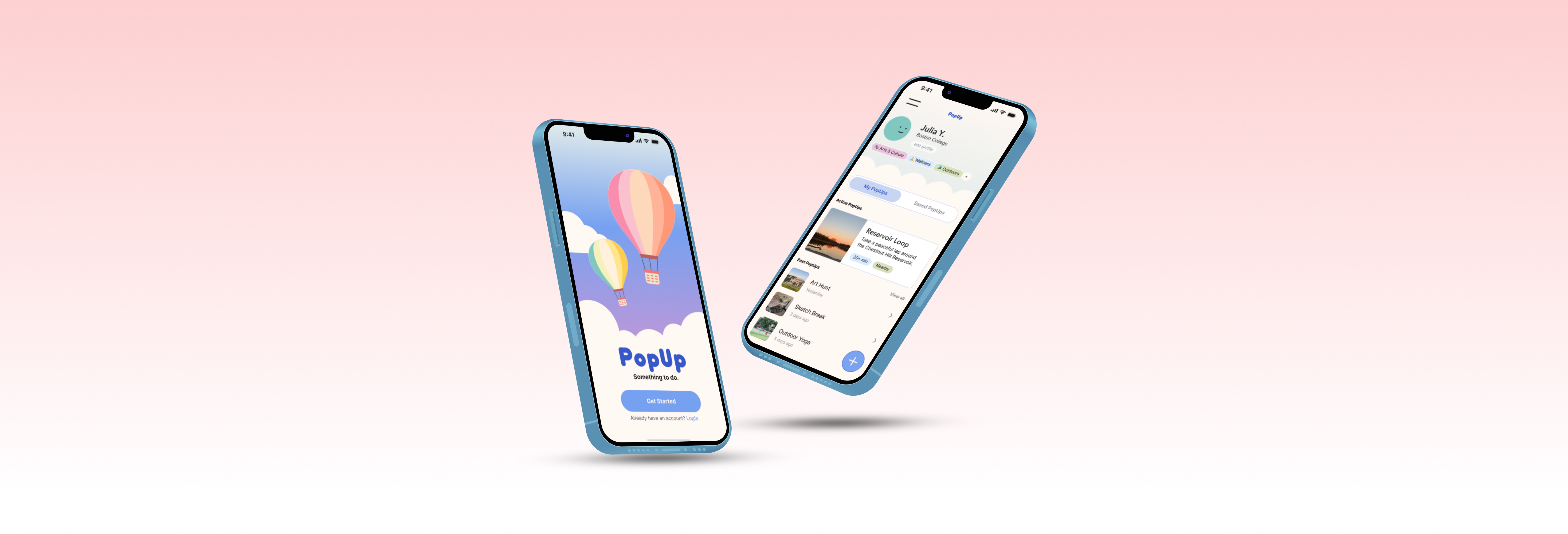 Two phones showing PopUp's welcome screen and profile screen