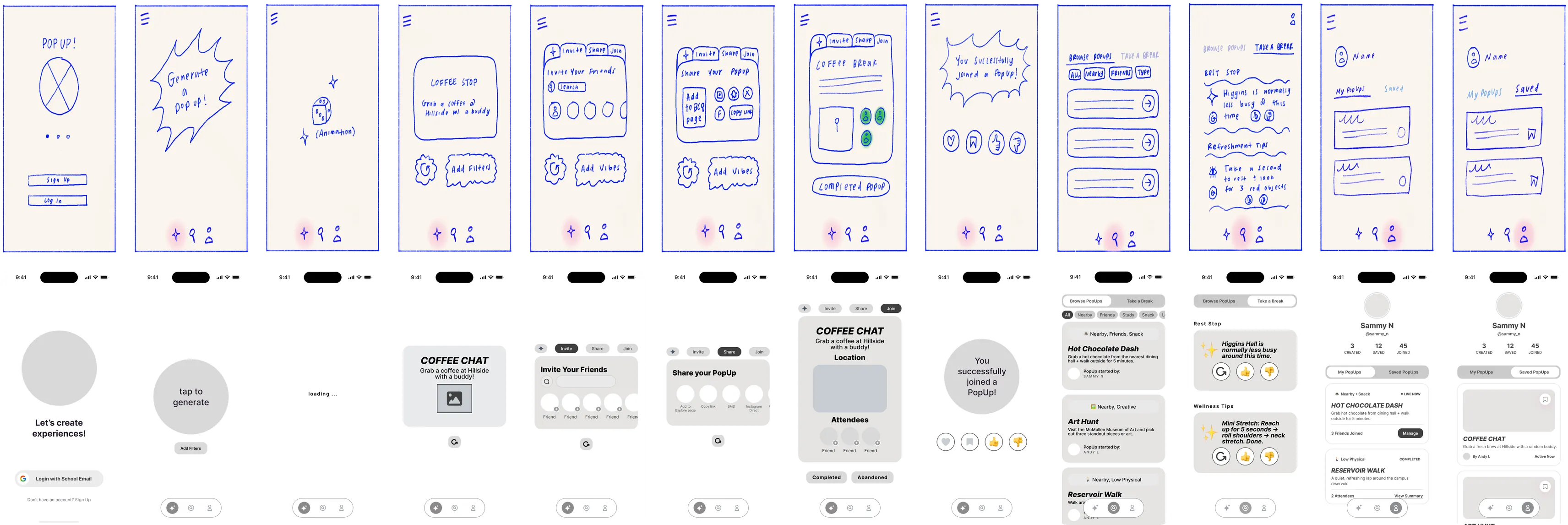 The 12 early PopUp screens as hand sketches, with the mid-fidelity version of each screen directly below it